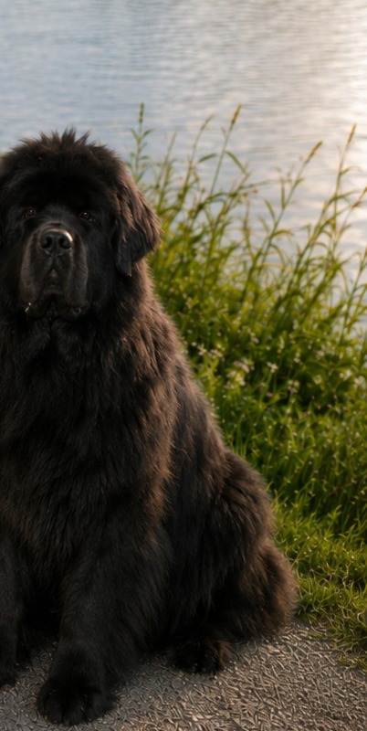 Large black Newfoundland dog sitting beside the water in Ontario, Canada
