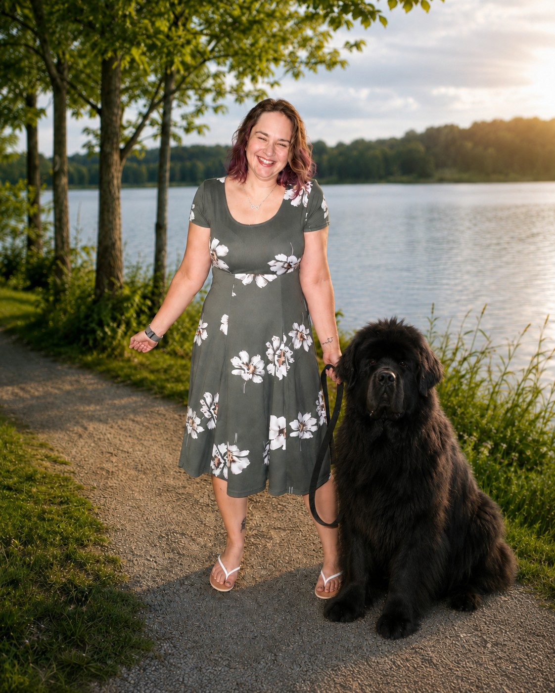 Ellora Dallen standing with a large black Newfoundland dog beside a lake in Ontario, Canada